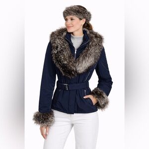 M. Miller Navy Blue Belted Puffer Jacket and headband Real Fur Trim Size Medium